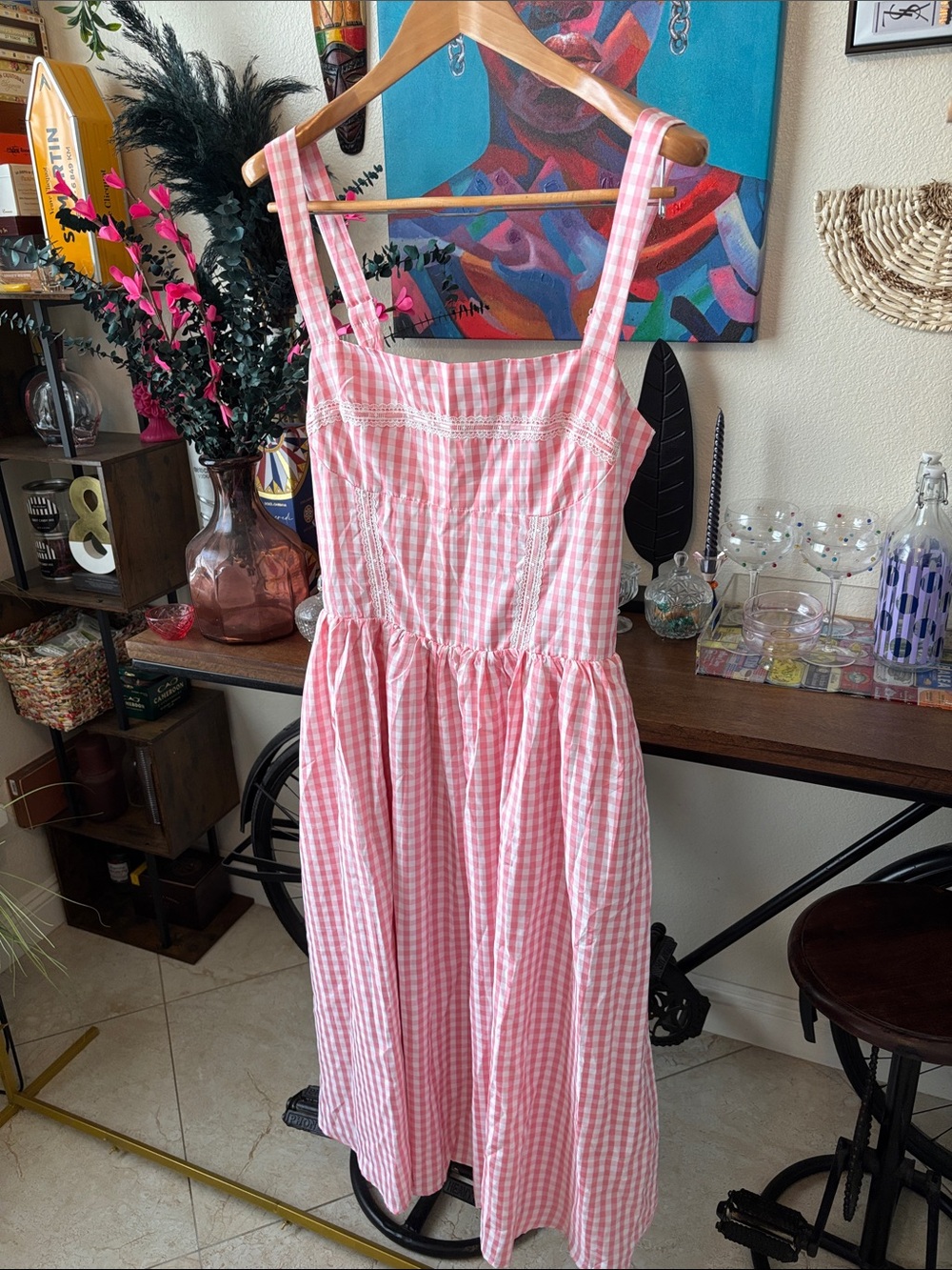 Brand New! Pink Gingham Square-Neck Maxi Corset Dress (Size: Large) - Picture 7 of 7